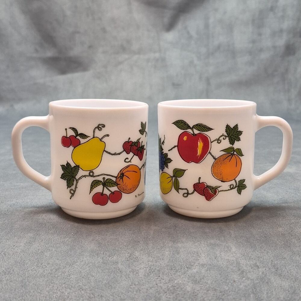 Set 2 Vintage 1960s Arcopal Milk Glass Mugs R. Carmen Fruit Design France